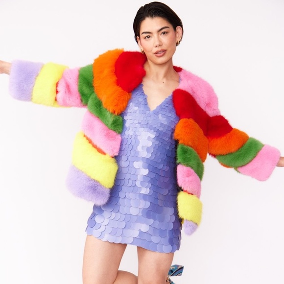 Hayley Collection Gaga Faux Fur Striped Rainbow Coat - Picture 1 of 4